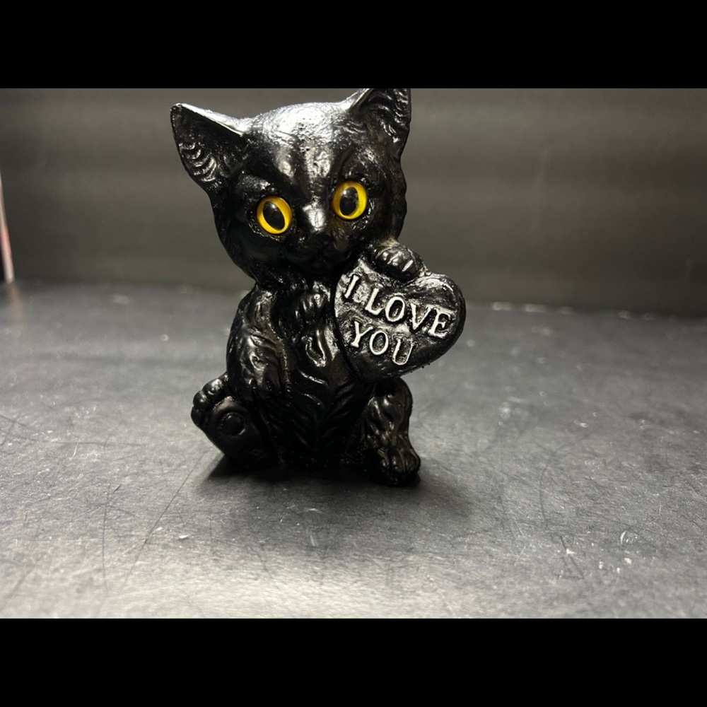 Black Cat Figurine Holding "I Love You" Heart